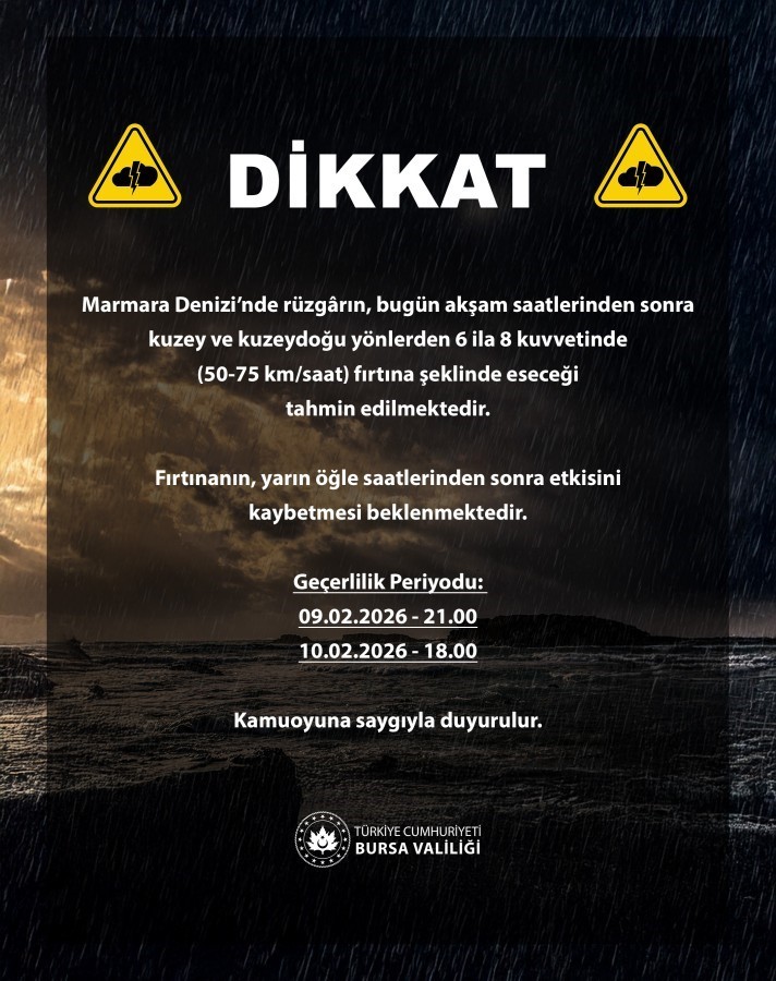 Bursa Valiliği’nden Marmara için fırtına uyarısı
